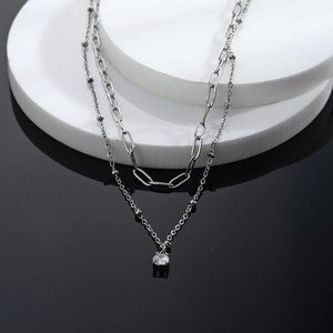 Pre-Layered Chains Silver Necklace with Zirconia Charm.